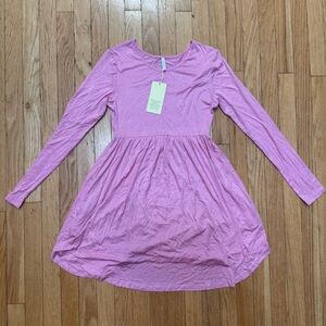 LONGYUAN Women Pink Long Sleeve Skater Dress Empire Waist Scoop Neck Small NWT